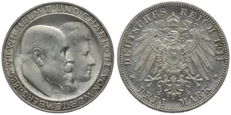 Württemberg 3 Mark 1911 F - Wilhelm & Charlotte